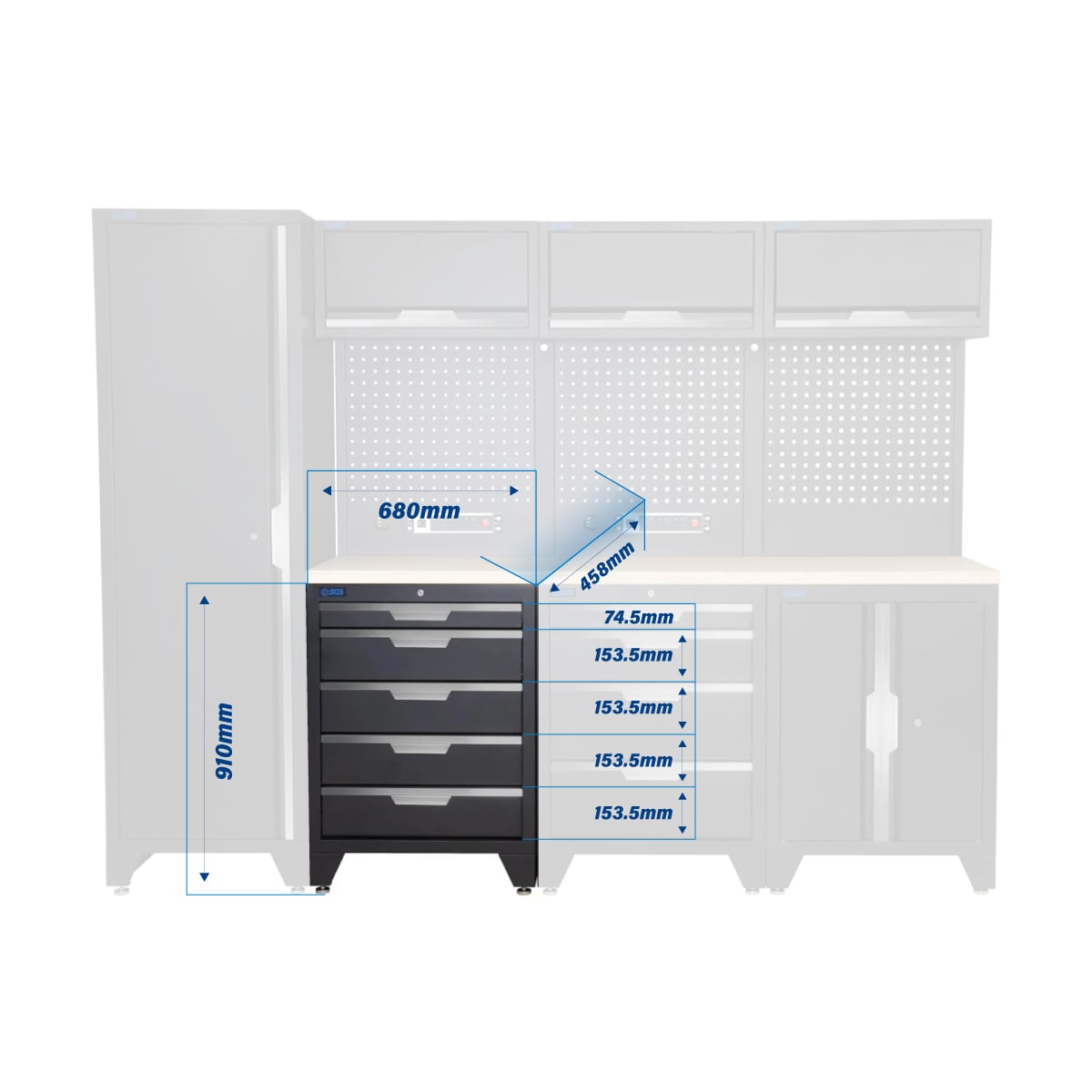 SGS 10pc Modular Garage Storage | 9 Drawers | Plywood Worktop | Tall Single Cabinet | Floor Cabinet | 3x Upper Cabinets | 2x Pegboards with Power Strip